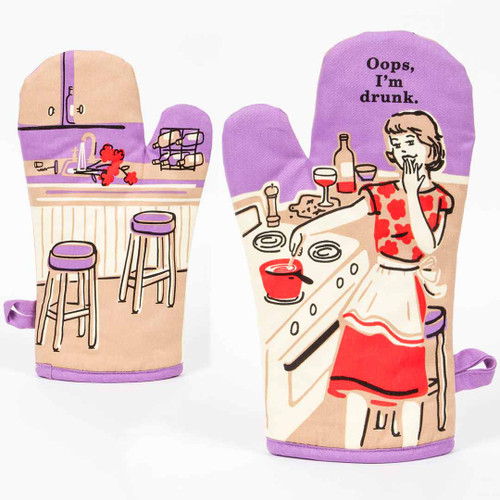 Front and rear view of the "Oops, I'm Drunk" oven mitt by Blue Q.