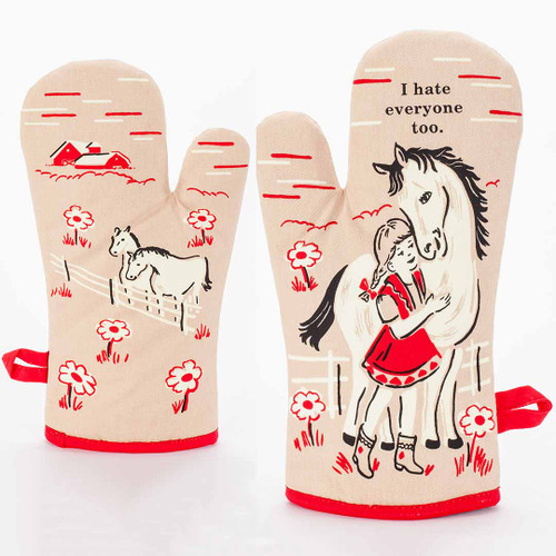 Front and rear view of the Blue Q oven mitt "I Hate Everyone Too".