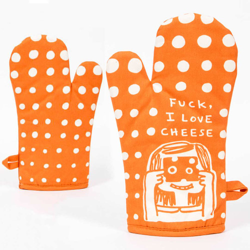 Front and rear view of the "F*ck, I Love Cheese" oven mitt by Blue Q.