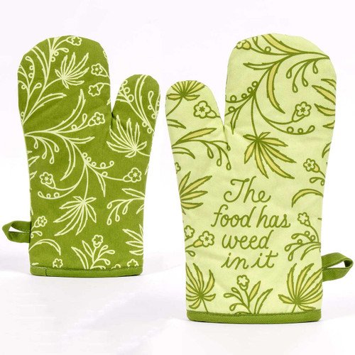 Front and rear views of the oven mitt with the slogan "The Food Has Weed In It" by Blue Q.