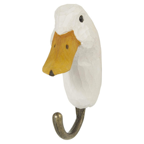 Three-quarter view of a hand-carved White Duck wooden hook, highlighting the realistic eye and rounded head shape.