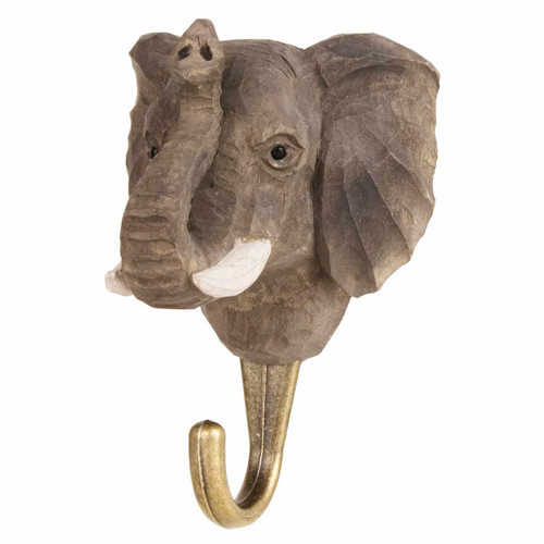 Three-quarter view of a hand-painted Elephant wooden hook, highlighting the intelligent eye detail and the artisanal wood-carved texture of the trunk.