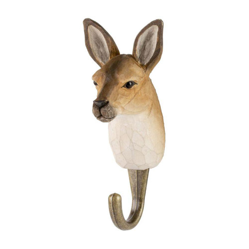Three-quarter view of a hand-carved Kangaroo wooden hook, highlighting the lifelike facial features and artisanal wood grain.