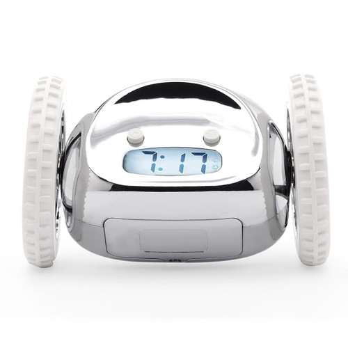 CLOCKY Chrome Alarm Clock On Wheels (front) | the design gift shop