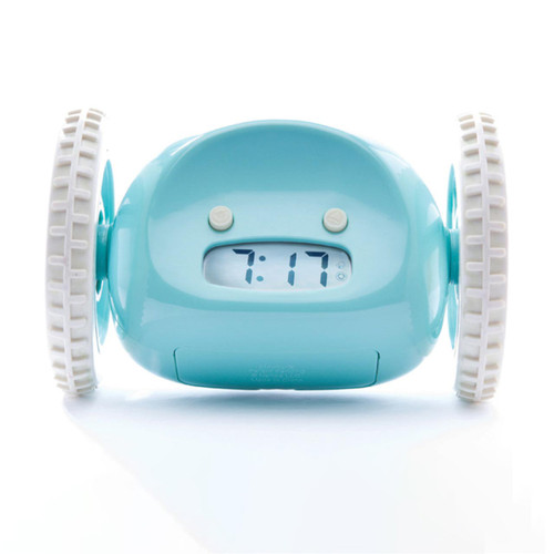 CLOCKY Aqua Blue Alarm Clock On Wheels, front | the design gift shop