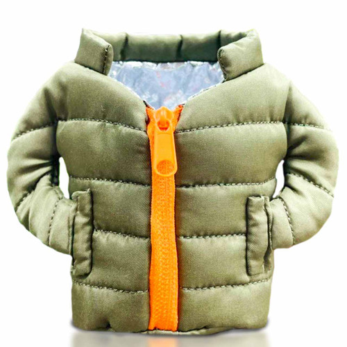 Khaki Drink Holder Puffer Jacket by COATIE (front) | the design gift shop