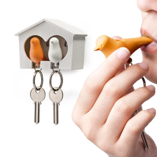 QUALY Duo sparrow key rings in white / orange in a white birdhouse keyset holder | the design gift shop