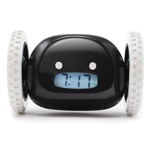 CLOCKY Black Alarm Clock On Wheels - front | the design gift shop