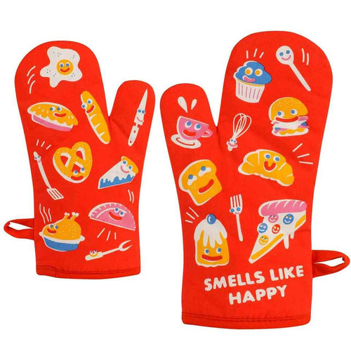 Front and rear views of a BlueQ oven mitt with the slogan "Smells Like Happy".