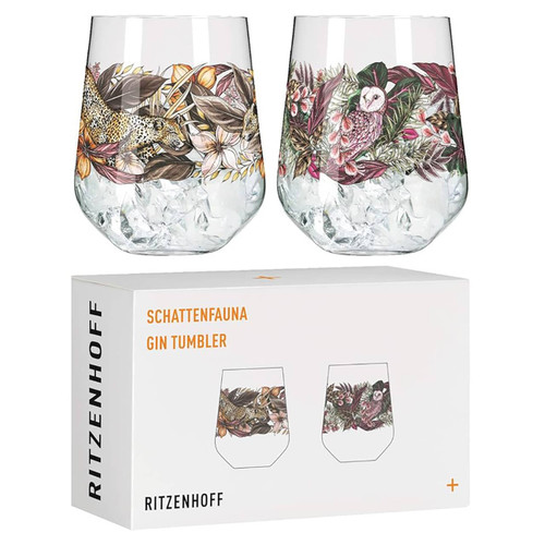 A Ritzenhoff Shadow Fauna Gin Tumbler set, featuring one tumbler with a leopard design and another with an owl, both by Maggie Enterrios. Shop it at the design gift shop.