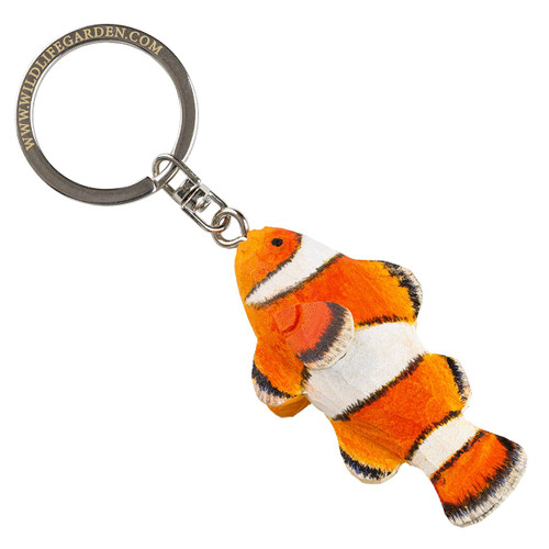 Clownfish keyring hand-carved from lime wood, painted orange and white, on a stainless-steel ring.