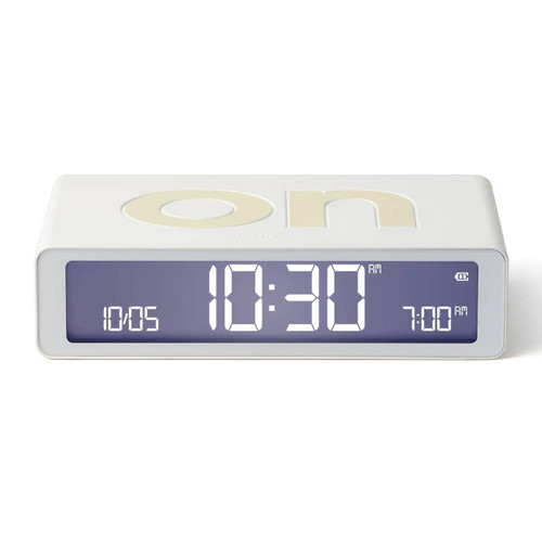 Lexon Flip Classic Alarm Clock in White showing the 'ON' display clearly lit up.