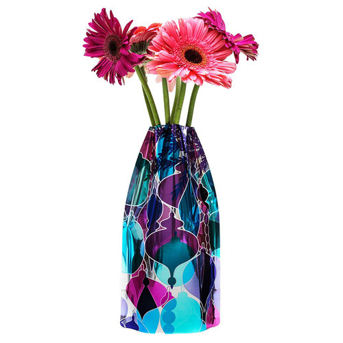 Shatterproof Modgy Kringle Vase with flowers, showing the blue and purple Christmas ornament design.