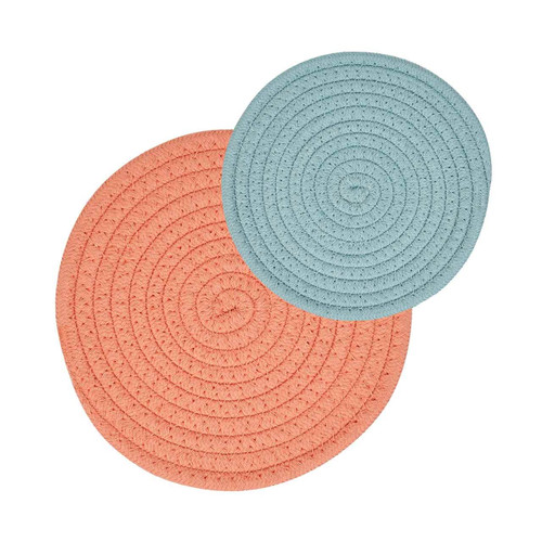 Set of two Annabel Trends handmade cotton rope trivets in coral pink (large) and  sage green (small) for stylish table protection.
