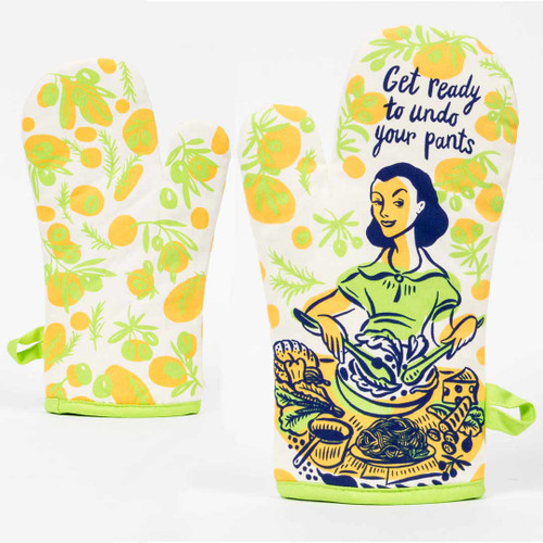 Front and rear view of the "Get Ready to Undo Your Pants" oven mitt by Blue Q.