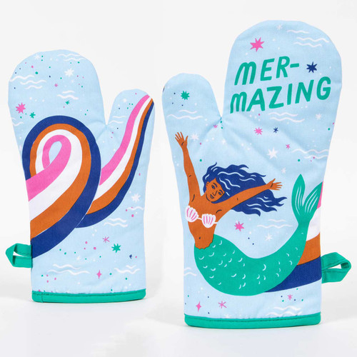 Front and rear view of the Blue Q oven mitt with the slogan "Mer-mazing".