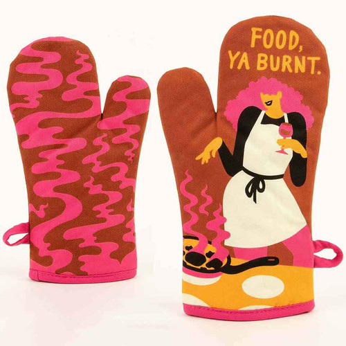Front and rear view of the Blue Q "Food, Ya Burnt" oven mitt.