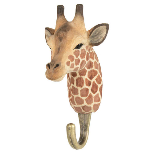 Three quater view of a hand-carved wooden Giraffe wall hook, featuring its long neck, distinctive ossicones (horns), and realistic hand-painted spots.
