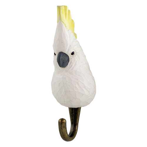 Three-quarter view of a hand-painted Cockatoo wooden hook, highlighting the realistic yellow highlights under the crest.
