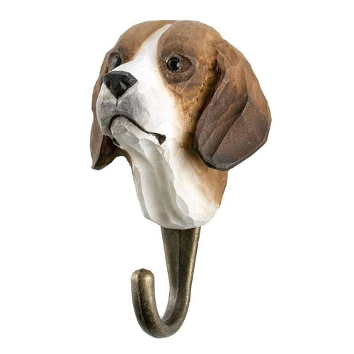 Three-quarter view of a hand-painted Beagle wooden hook, highlighting the detailed wood-carved texture.