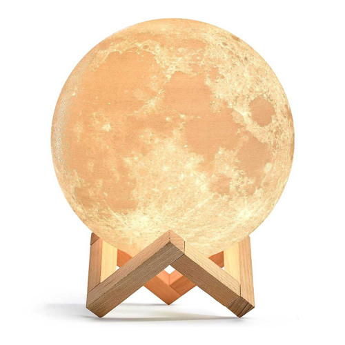 ISgift lunar moon lamp 15 cm on beechwood base, warm glow, colour-changing night light.