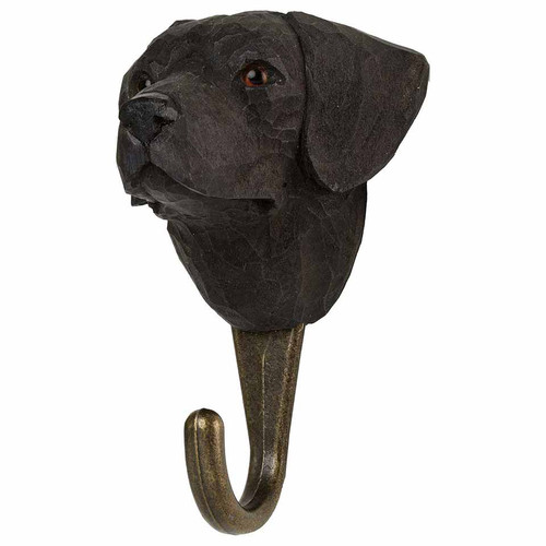 Three-quarter view of the hand-carved Black Labrador dog hook, showcasing the detailed wood grain texture, realistic brown eyes, and the sturdy bronze-coloured metal hanging hook.
