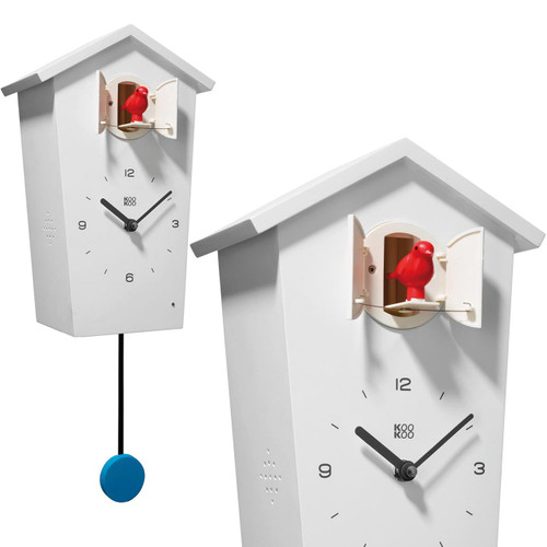 Modern cuckoo clock BirdHouse in white with red bird by KooKoo | the design gift shop