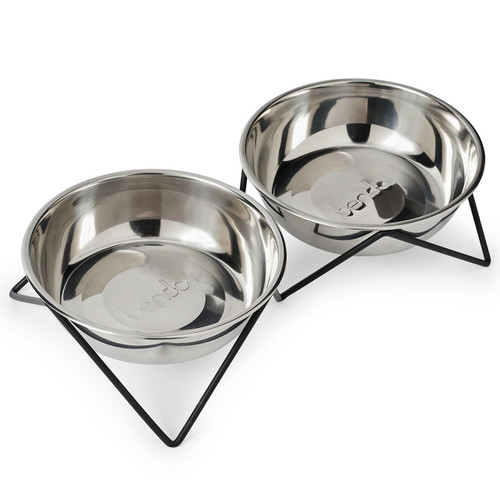 Bendo Luxe WOOF WOOF double dog bowl black stand | The Design Gift Shop