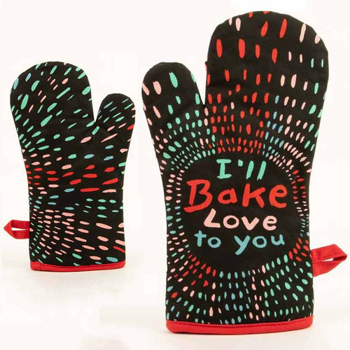 Front and rear view of the Blue Q "I'll Bake Love to you" oven mitt.