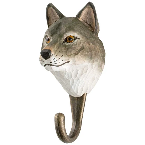 Three-quarter view of a hand-painted Grey Wolf wooden hook, highlighting the artisanal wood grain and realistic facial markings.