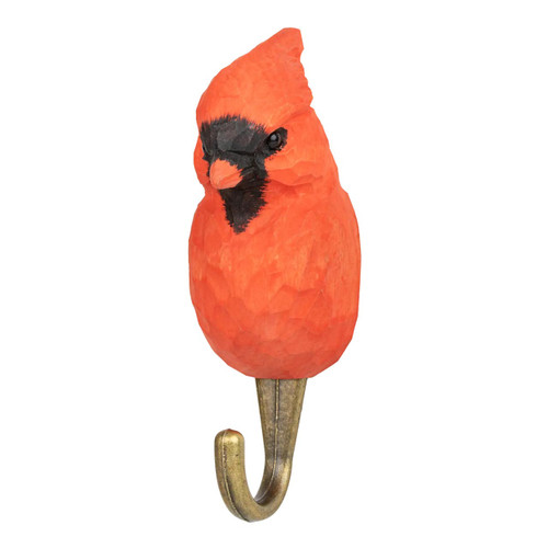 Three-quarter view of a hand-painted Red Cardinal wooden hook, highlighting the artisanal wood-carved texture and lifelike facial details.