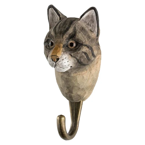 Three-quarter view of a hand-painted wooden Grey Cat hook, highlighting the craftsmanship of the ears and facial features.