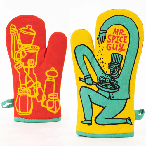 Front and rear view of the Blue Q "Mr Spice Guy" oven mitt.