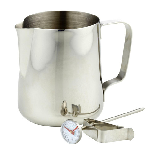 Stainless steel pitcher and thermometer for precise  milk frothing.