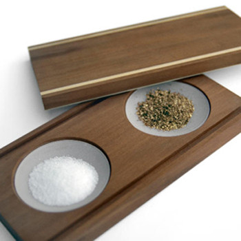 Raumgestalt Salt and Pepper Dishes - glass and walnut