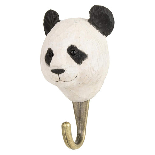 Three-quarter view of a hand-painted Panda wooden hook, highlighting the artisanal wood-carved texture and lifelike facial details.