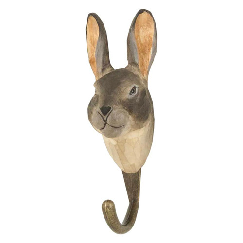 Three-quarter view of a hand-painted Mountain Hare wooden hook, highlighting the artisanal wood-carved texture and lifelike facial details.