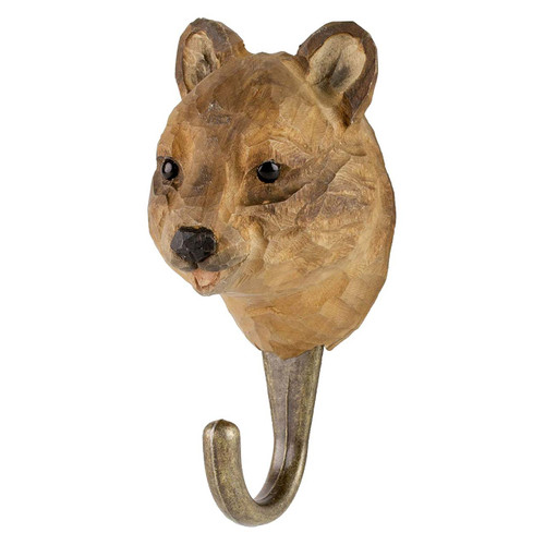 Three-quarter view of a hand-painted Quokka wooden hook, highlighting the artisanal wood-carved texture and lifelike facial details.