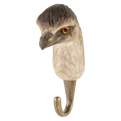 Three-quarter view of a hand-painted wooden Emu wall hook, highlighting the detailed carving of its feathered neck and curious facial expression.