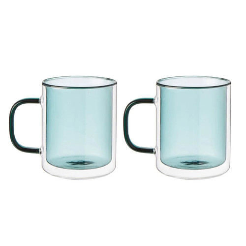 Leaf & Bean's double-walled glass mug set features verdigris insides, rims, and handles, available at 'the design gift shop'.