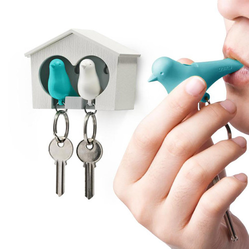 QUALY Duo Sparrow Key Ring White / Blue & Keyholder White  | the design gift shop