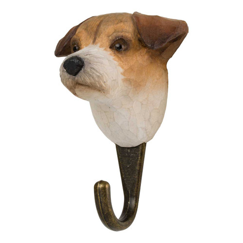 Three-quarter angle of a carved wooden dog hook featuring a tan and white Jack Russell Terrier.