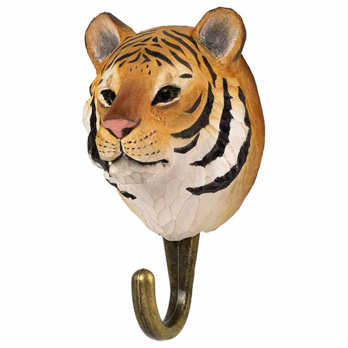 Detailed angled view of the hand-painted Tiger DekoHook, showcasing the 3D wood-carved head and metal hook.