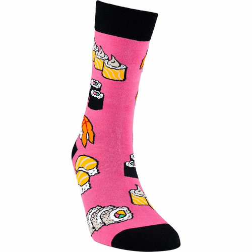 Front view of the SEXY SOCKS Sushi bamboo sock showing the black ribbed cuff and Japanese food pattern.
