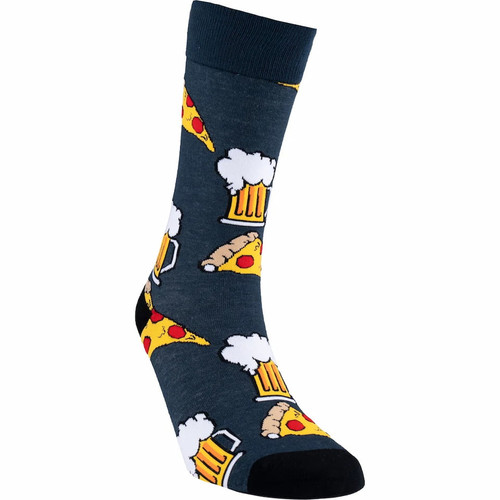 SEXY SOCKS Good Times bamboo sock displaying a pattern of frothy beer mugs and cheesy pizza slices on navy blue.