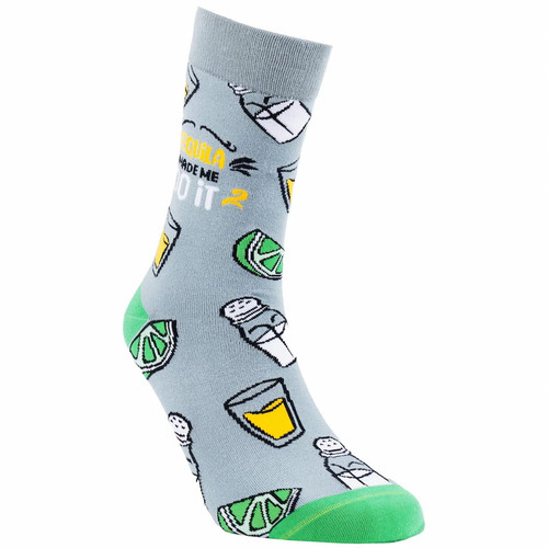 Side view of the SEXY SOCKS Tequila Made Me Do It bamboo sock featuring shot glasses, salt shakers, and green lime wedges on grey.