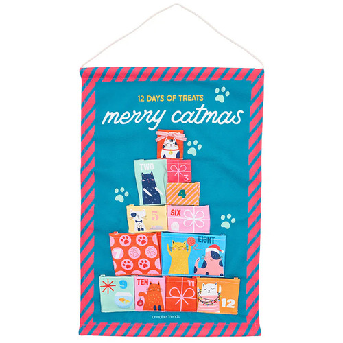 Annabel Trends Catmas 12-pocket reusable fabric advent calendar displaying 12 numbered cat-themed pockets arranged like a Christmas tree on a teal background.