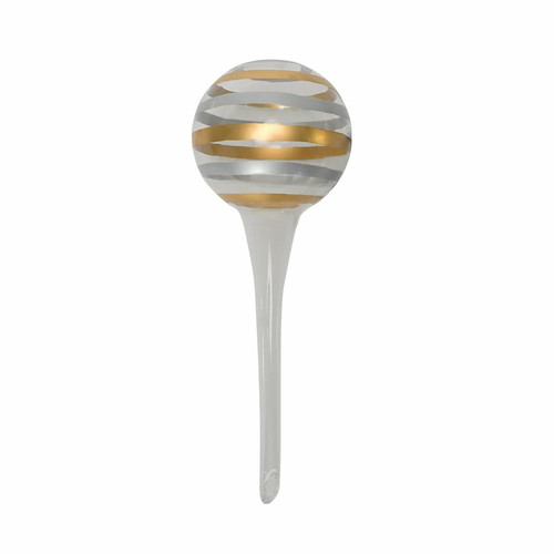 Annabel Trends Stripes glass plant water bubble featuring metallic gold and silver striped globe on a clear glass watering stem.
