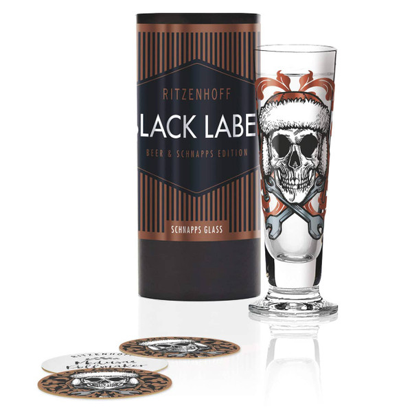 A Ritzenhoff Black Label Schnapps Glass with an intricate skull design by Medusa Dollmaker. Shop it at the design gift shop.