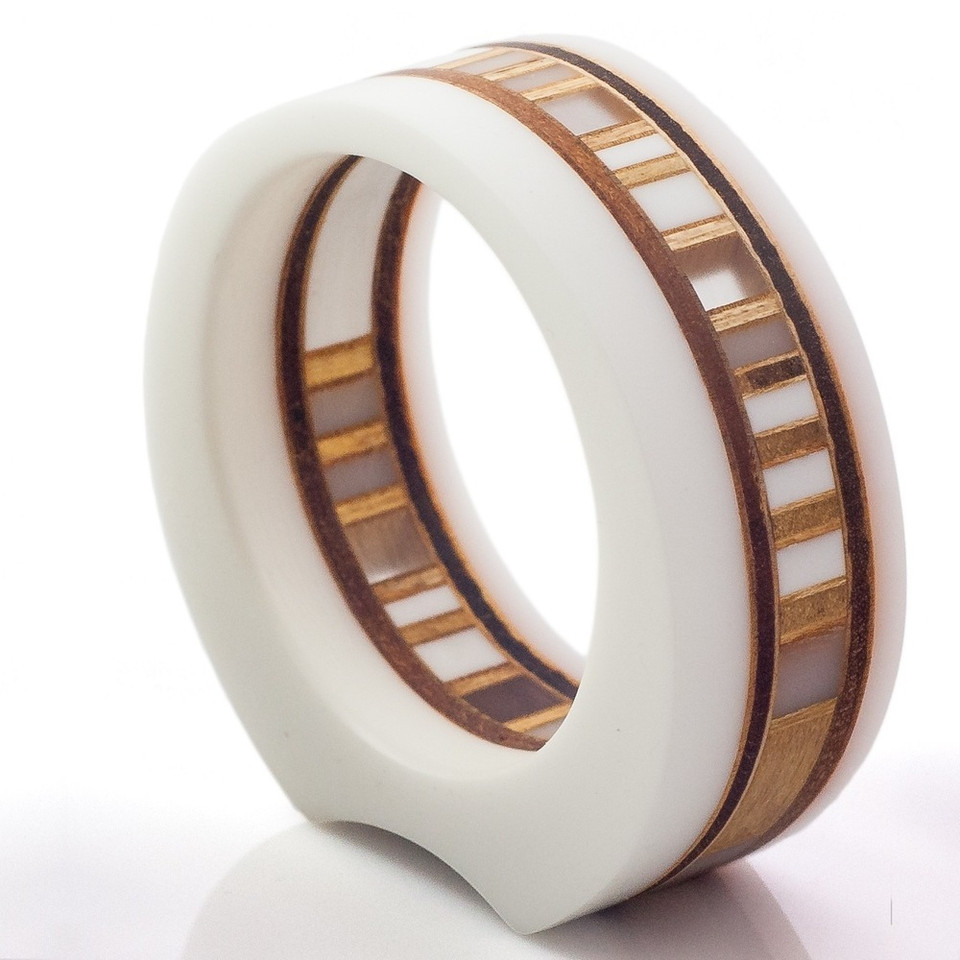 MABEL - Designer Bangle, white & translucent acrylic, natural plywood, 1'' wide